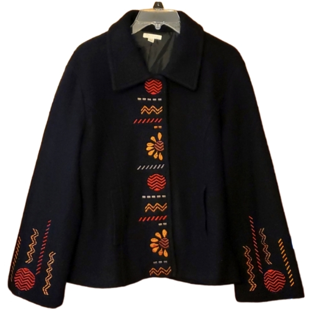 Carson Womans 100% Wool Embroidered Tribal Black Coat Size XL